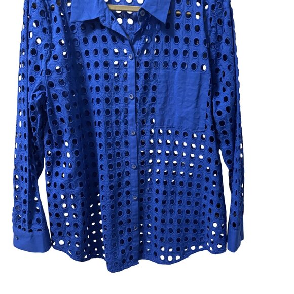 Simply Vera Vera Wang Blue Eyelet Long Sleeve Button-Up Shirt Sz L Sheer - Picture 6 of 10